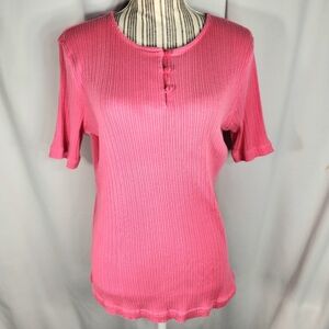 BFA Classics Pink Ribbed Three Button Neck Short Sleeve Top Size Medium